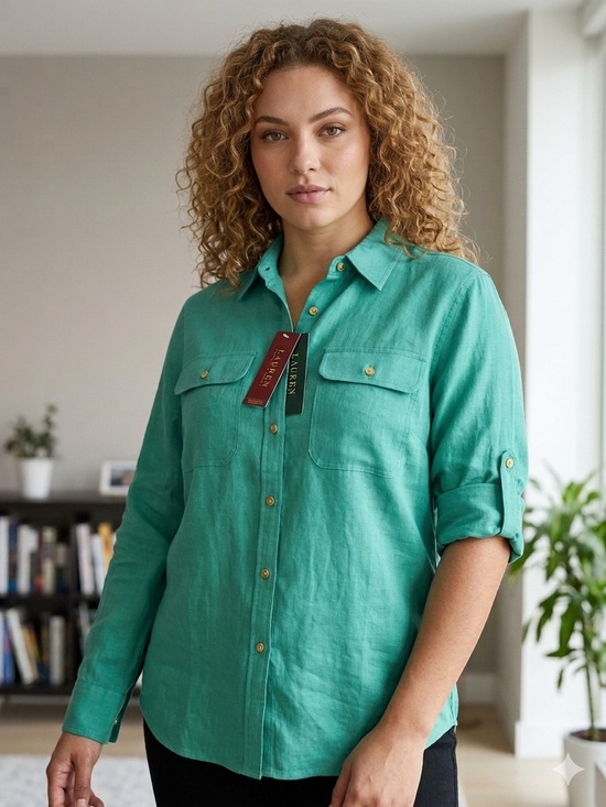 Ralph Lauren Tops - Ralph Lauren Teal Button-Up Linen Shirt with Gold Buttons